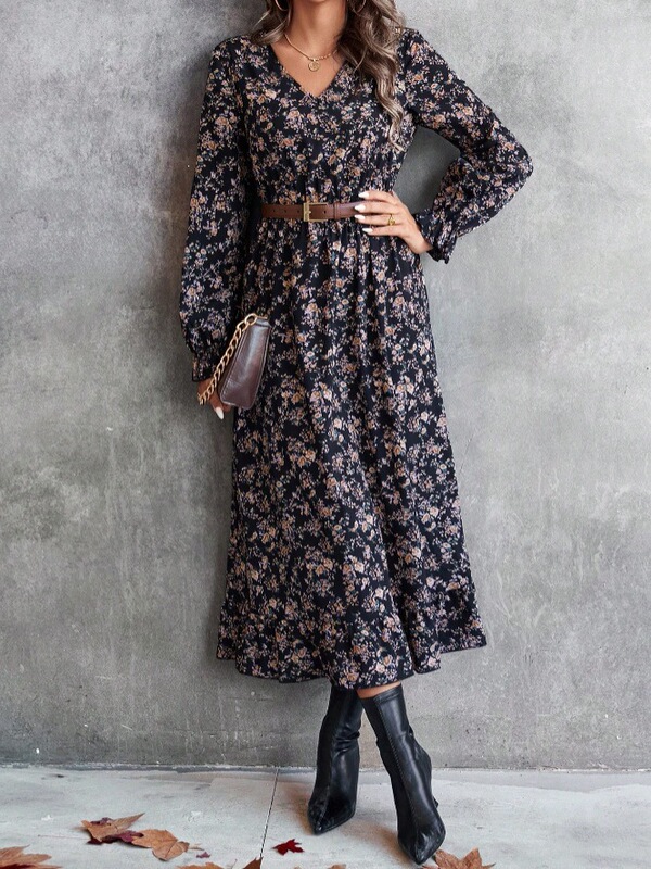 Floral Collar Maxi Dress with Printed Hem, European and American Style, Long Sleeves, V-Neck, Ruffles, 2025 Ruffle Bohemian Style