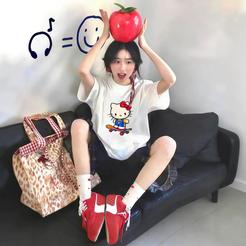 Cartoon Cat Pure Cotton White Short-Sleeved T-Shirt for Women 2026 New Hot Style Summer Korean Style Beautiful Top T-Shirt Cartoon Cat Pure Cotton White Short-Sleeved T-Shirt for Women 2026 New Hot Style Summer Korean Style Beautiful Top T-Shirt