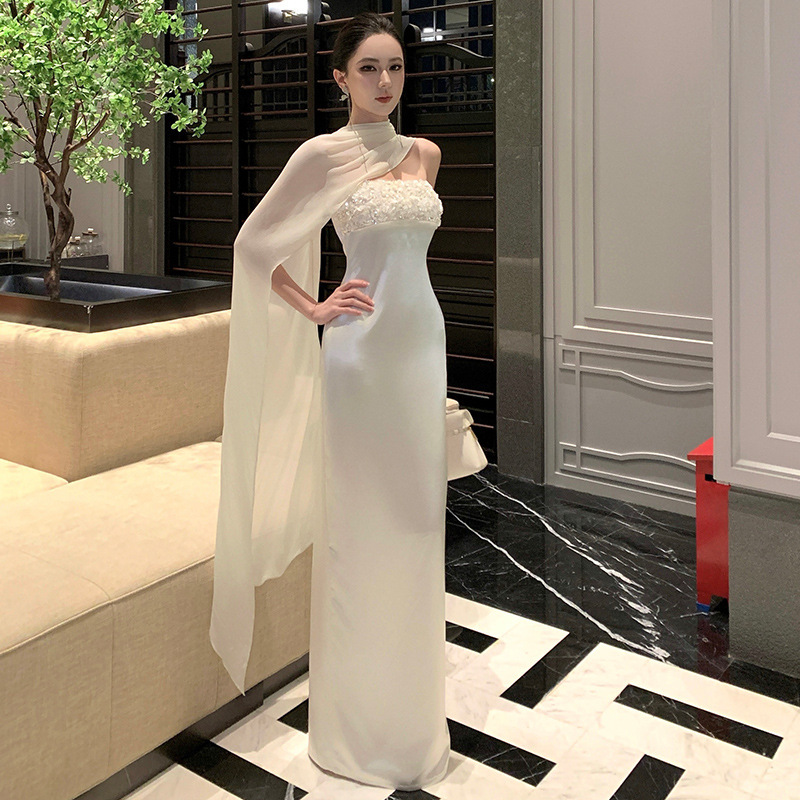 White Off-The-Shoulder Strapless Dress for Women, High-End Socialite Evening Gown with Heavy Sequin Embellishments, Satin-Like Texture, Bodycon Long Dress White Off-The-Shoulder Strapless Dress for Women, High-End Socialite Evening Gown with Heavy Sequin Embellishments, Satin-Like Texture, Bodycon Long Dress