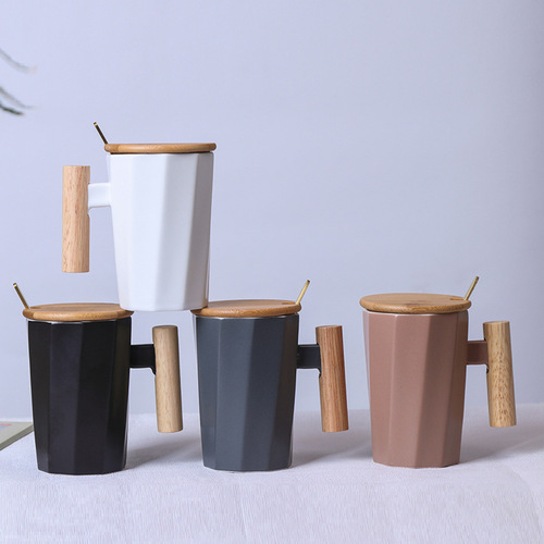 Nordic-style wooden handle ceramic mug artistic water cup office coffee cup gift set with logo printing