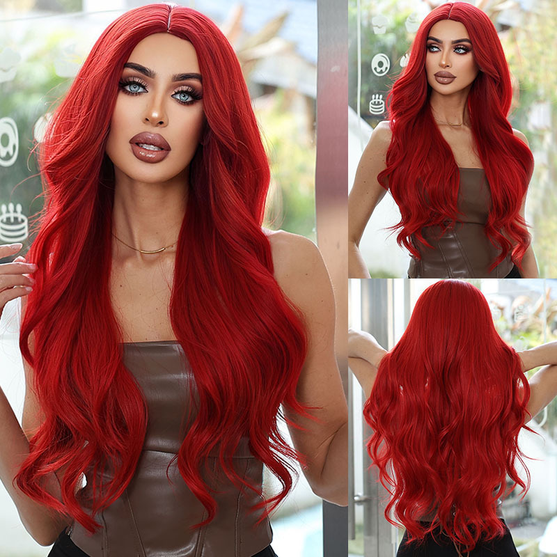 Amazon's New Product Aquaman Red Medium-Parted Long Curly Hair Women's Mechanism European and American Style Full Head Wig Ready for Delivery Amazon's New Product Aquaman Red Medium-Parted Long Curly Hair Women's Mechanism European and American Style Full Head Wig Ready for Delivery
