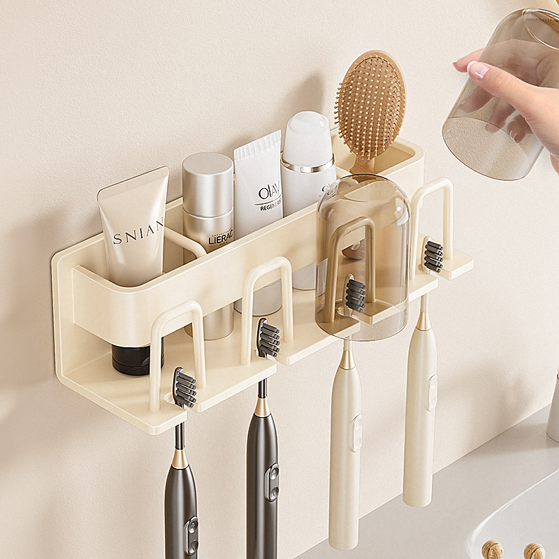 Cream style toothbrush rack bathroom punch-free toothbrush cup mouthwash Cup electric storage wall hanging rack