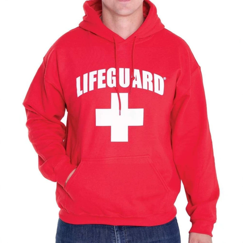 Red Lifeguard LIFEGUARD letter and cross print hooded sweatshirt, casual drawstring kangaroo pocket pullover Red Lifeguard LIFEGUARD letter and cross print hooded sweatshirt, casual drawstring kangaroo pocket pullover
