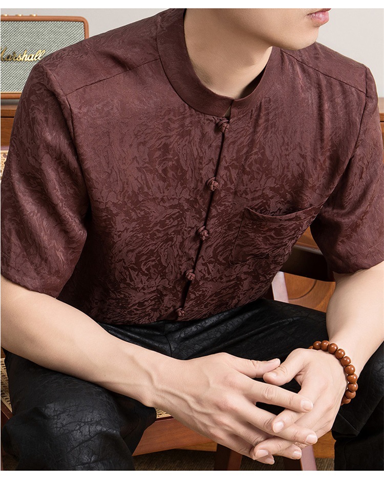 Áo sơ mi nam tay ngắn lụa Hương Vân Sa phong cách Trung Quốc cổ đứng rộng rãi — nâu đỏ chi tiết 12