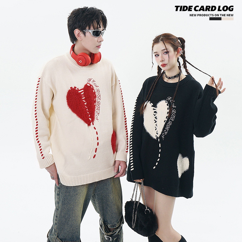 Herrenbekleidung Street Fashion Marke Liebe Stickerei Design lockerer Rundhals-Strickpullover_voghion.com