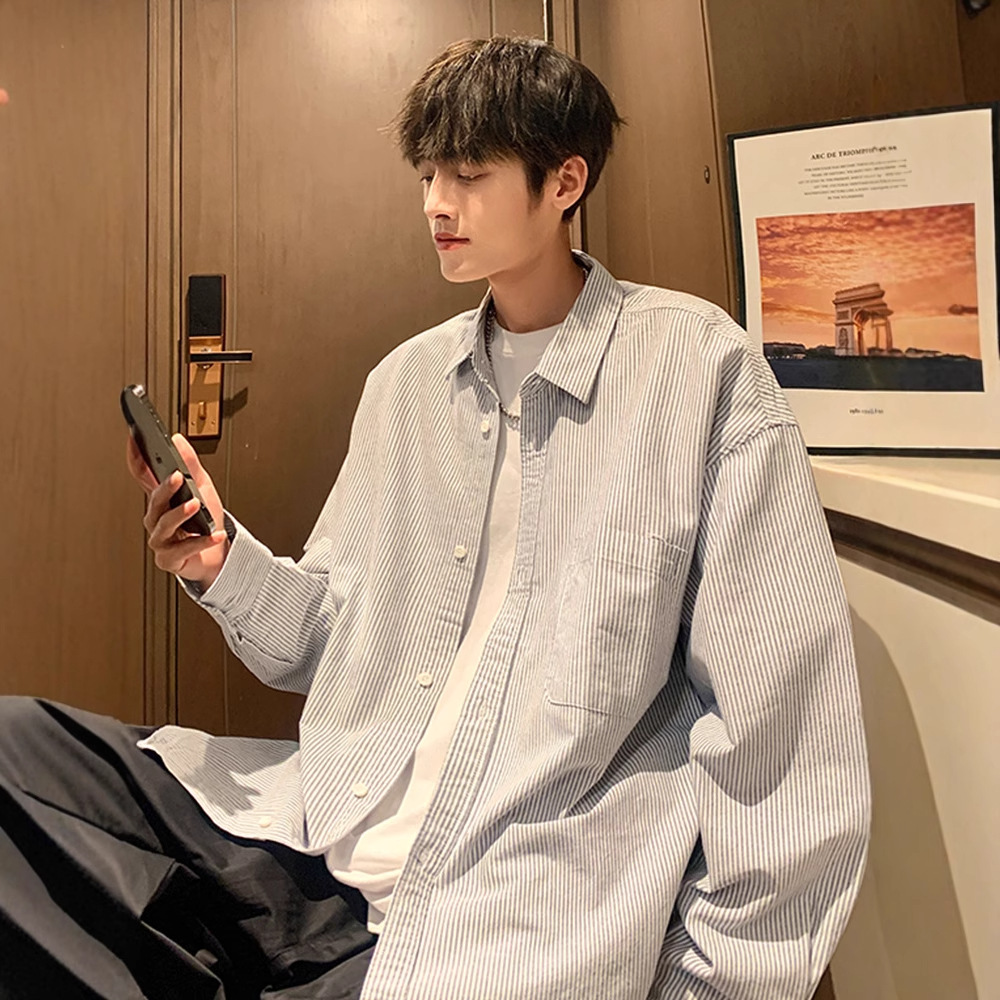Long-Sleeved Stripesd Shirt Men's Summer High Street Fashion Brand Loose Shirt Retro Cityboy Handsome Couple Jacket