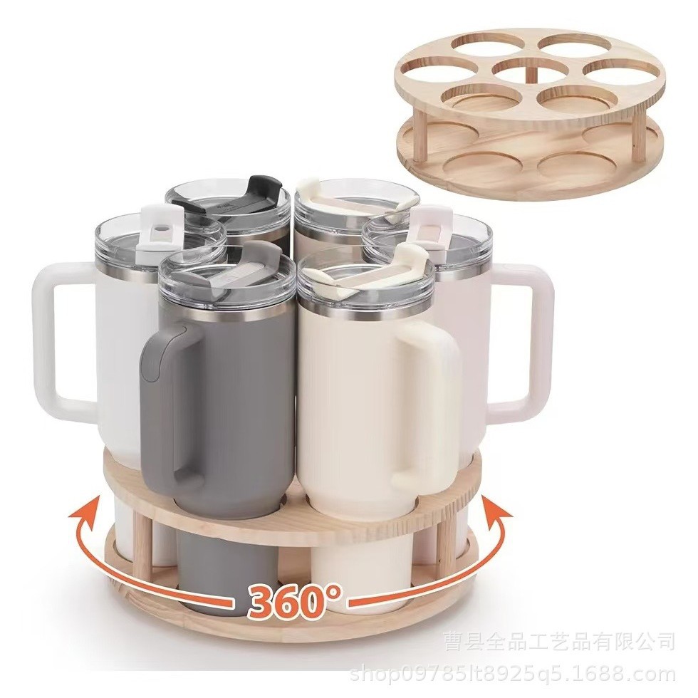 Estante de botella de agua de madera, encimera, soporte de almacenamiento de taza de agua giratoria, soporte de exhibición de base de taza de agua de rejilla múltiple, acabado de madera maciza