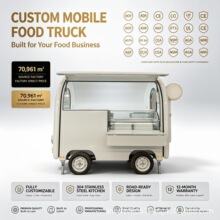 商用餐车白色弧形外观移动餐车 双轮设计 带储物柜 商用摆摊小吃