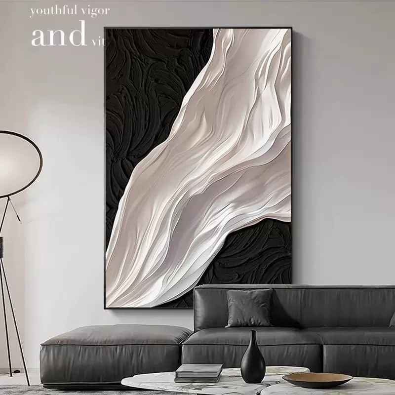简约现代客厅装饰画抽象肌理沙发背景壁画黑白卧室玄关挂画侘寂风