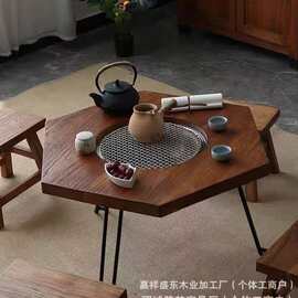 家用老榆木煮茶桌实木夏季露营围炉桌可折叠庭院烧烤桌户外休闲桌