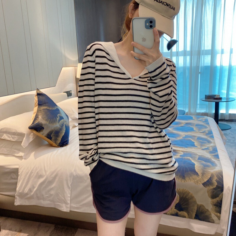 Striped Color-Block Knit Pullover Early Autumn New Korean Style Sweet Navy Lapel Top Long Sleeve