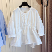 白色衬衫女夏季新款宽松不对称娃娃衫时尚设计感别致上衣文艺装