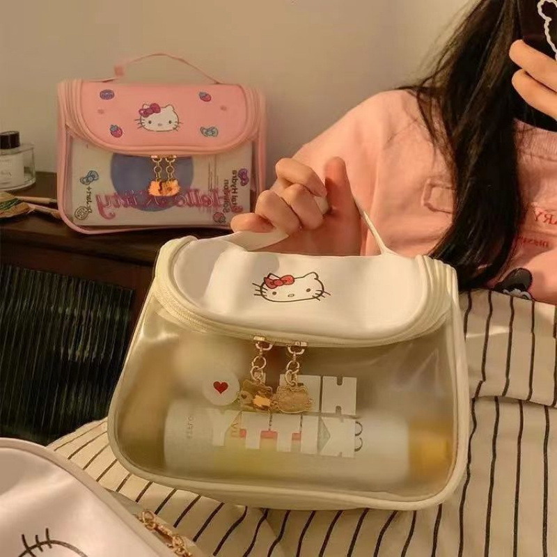見た目の良い女性のための新しいかわいいキティ猫の化粧品バッグ、ポータブル大容量旅行用トイレタリーとスキンケア製品の収納バッグ|undefined