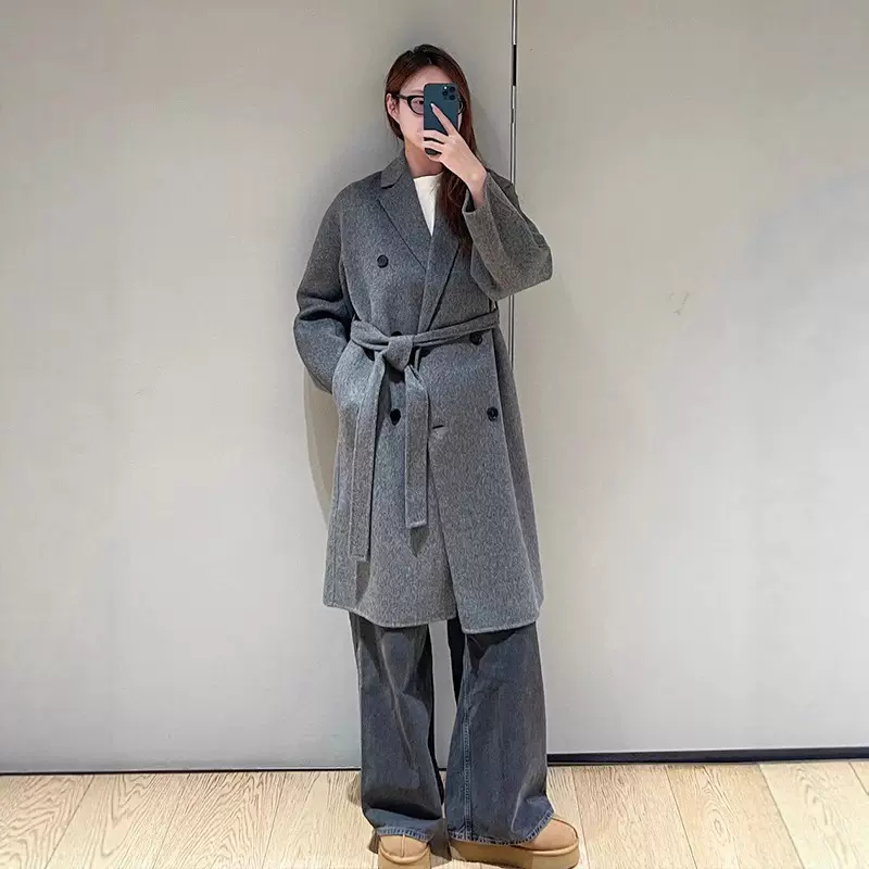 2025秋季新款宽松韩系羊毛混纺刷纹系带大衣女法式毛呢羊毛大衣