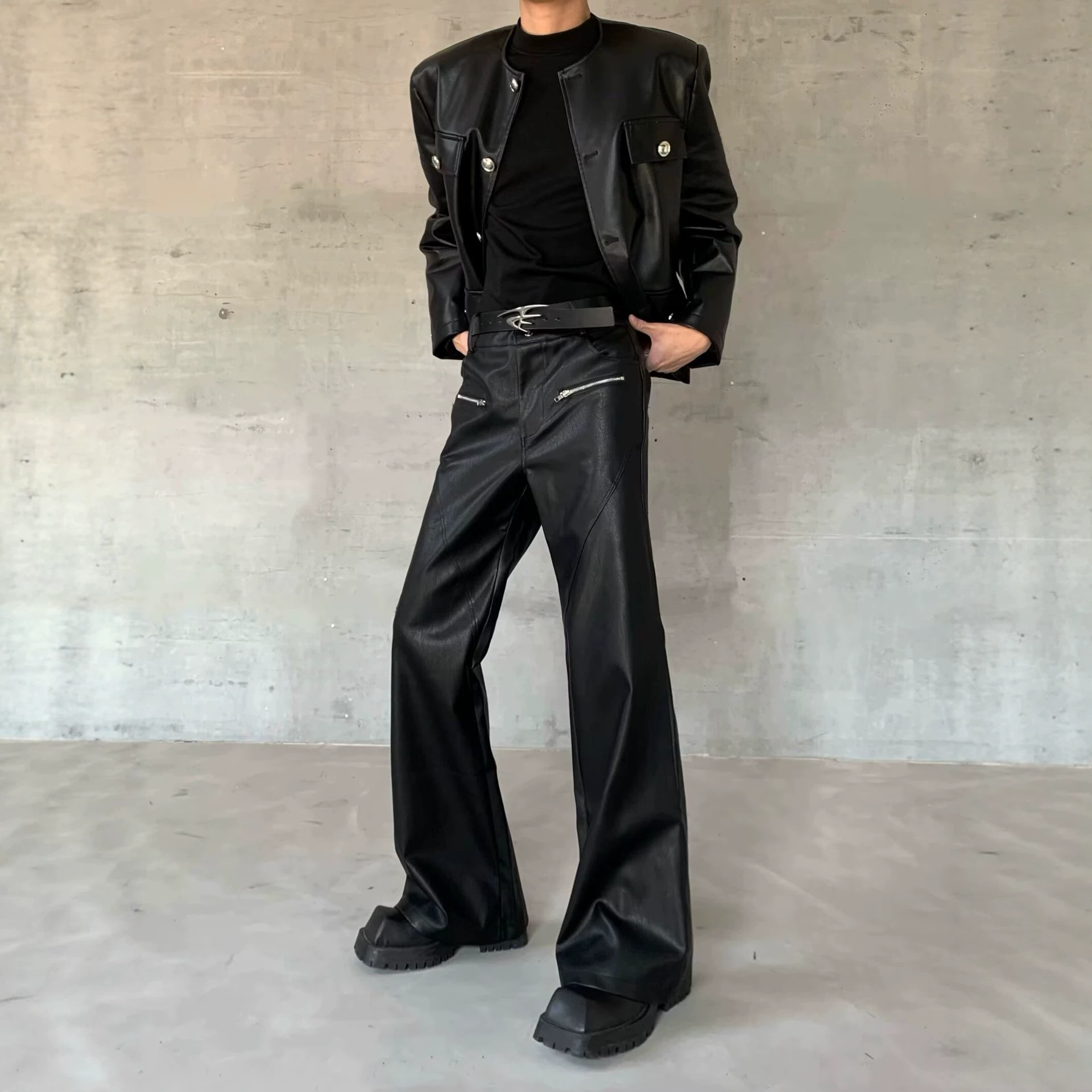 Autumn Retro Hong Kong Style High-End PU Leather Casual Pants for Men, High-Waisted Straight Leg Wide-Leg Pants, Floor-Length Pants