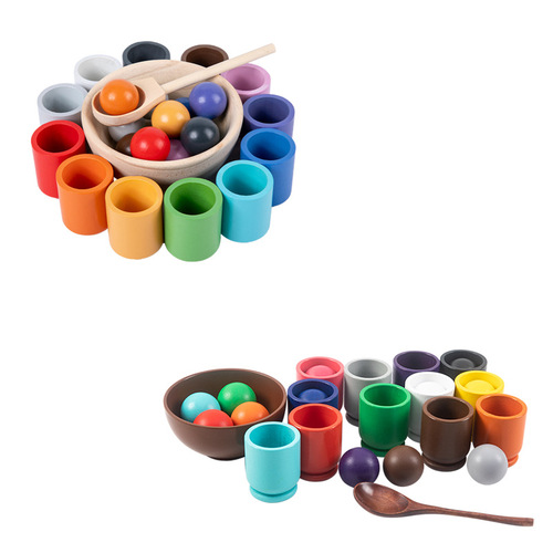 Wooden children's educational early education fun 12-color ball and cup color classification clip beads color recognition matching toy