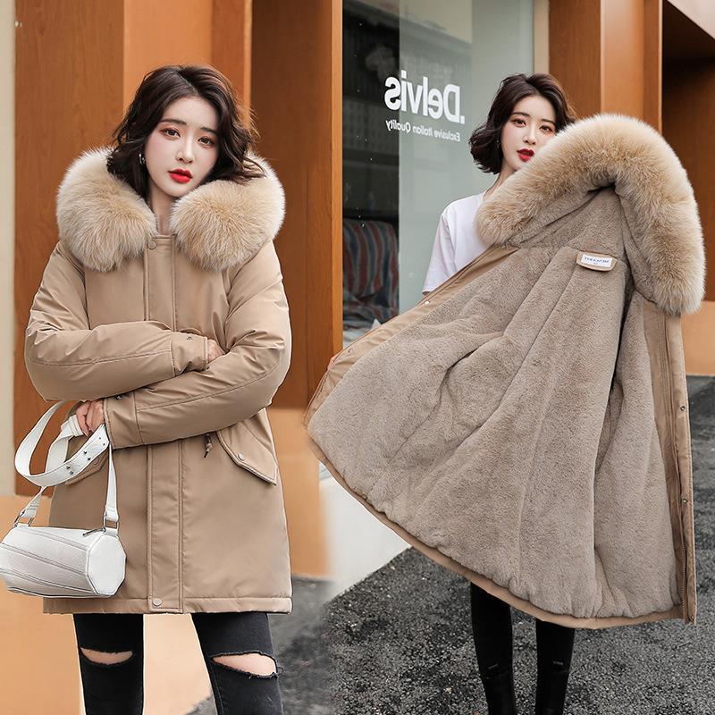 Fábrica parka de las mujeres de mediados de longitud 2023 invierno nuevo estilo coreano suelta gran cuello de piel de moda engrosada abrigo de algodón acolchado image 5