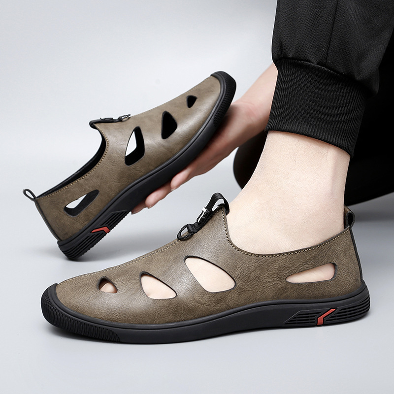 Zapatos de cuero huecos negros para hombres jóvenes ventilados con un pedal sandálias de suela suave negocios británicos zapatos casuales de verano