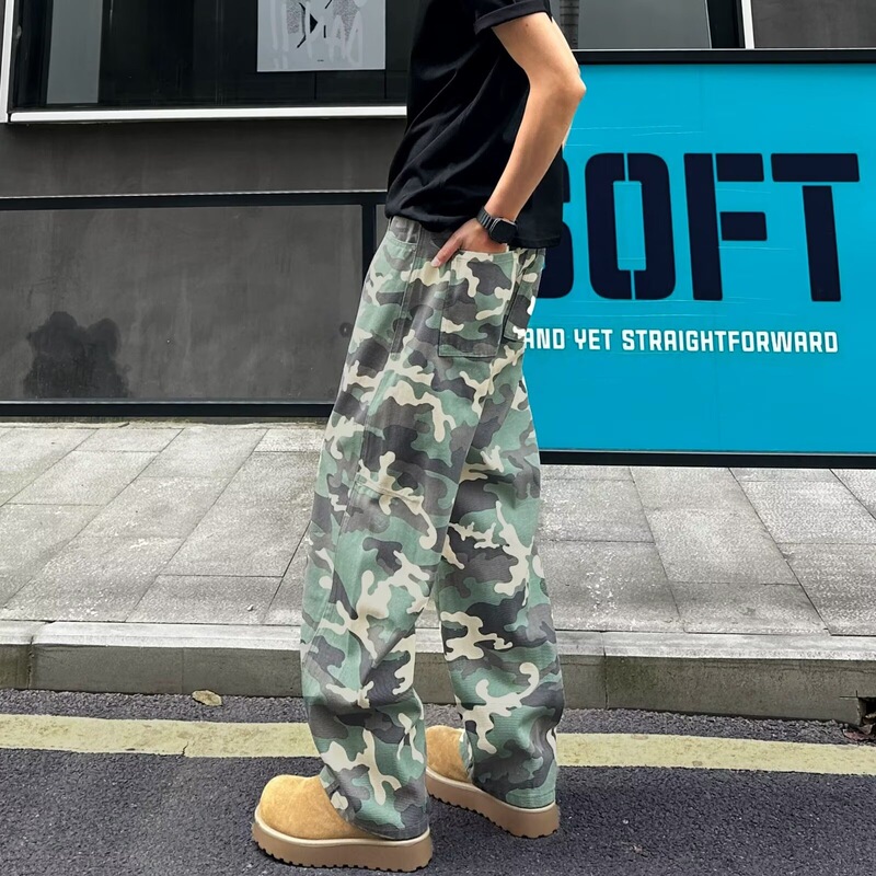 American-style camouflage jeans for men, autumn high street fashion brand, large size, loose wide-leg floor-length trousers, men's curved-leg pants
