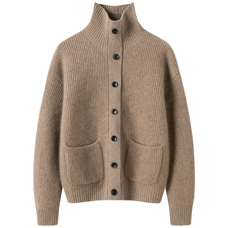 New autumn and winter cashmere knit cardigan, fashionable solid color, long-sleeved, warm, loose, high-neck, single-breasted, elegant for women New autumn and winter cashmere knit cardigan, fashionable solid color, long-sleeved, warm, loose, high-neck, single-breasted, elegant for women