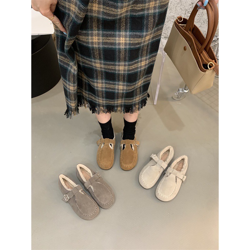 기모 둥근 발가락 보켄 신발 여성용 슬립 온 신발 게으른 가죽 모피 신발 여성용 아웃웨어 슬리퍼