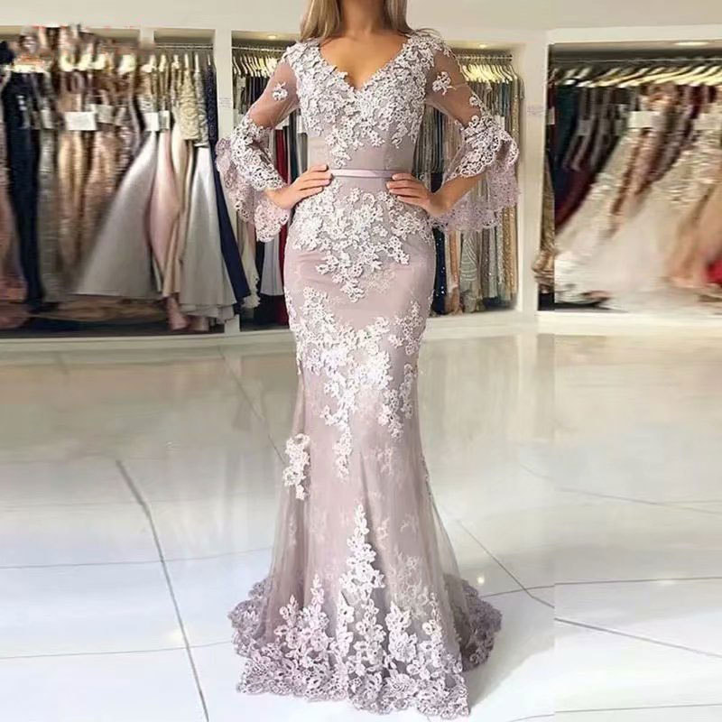 Comercio exterior de Europa y América Amazon AliExpress deseo nuevo encaje fishtail acampanado manga larga vestido de noche vestido de cola de pescado