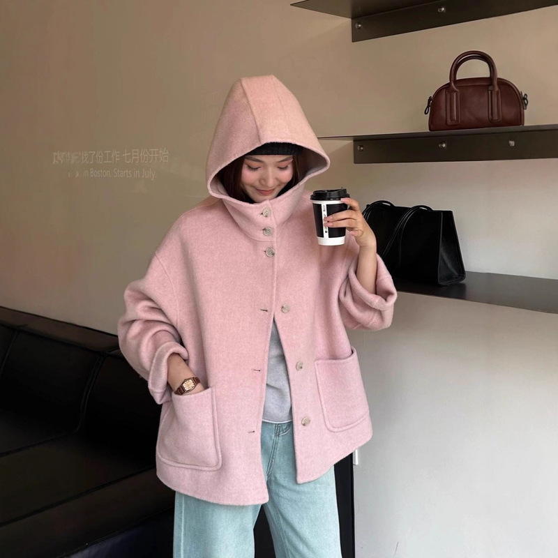 Double-Sided Wool Outwear Women's Hooded Stand-Up Collar Lazy Single-Breasted Mid-Length Thickeneded Warm Simple Woolen Outwear Double-Sided Wool Outwear Women's Hooded Stand-Up Collar Lazy Single-Breasted Mid-Length Thickeneded Warm Simple Woolen Outwear
