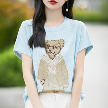 2025年夏季新款气质圆领针织衫短袖T恤女小熊印花薄款套头打底衫