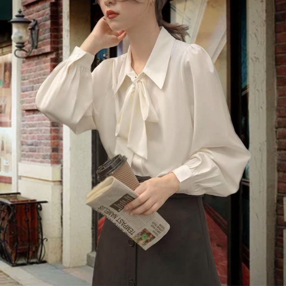 Lantern Sleeve Korean Style Formal Bow Shirt White Chiffon Shirt Women's Long-Sleeved Lace-Up Design Professional Top