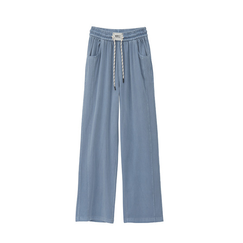 Turnip Uncle Tencel Jeans for Women - Summer Thin Model, Elastic Waist, Small Figure, Draped Wide Leg, Ice Silk Straight Leg Pants