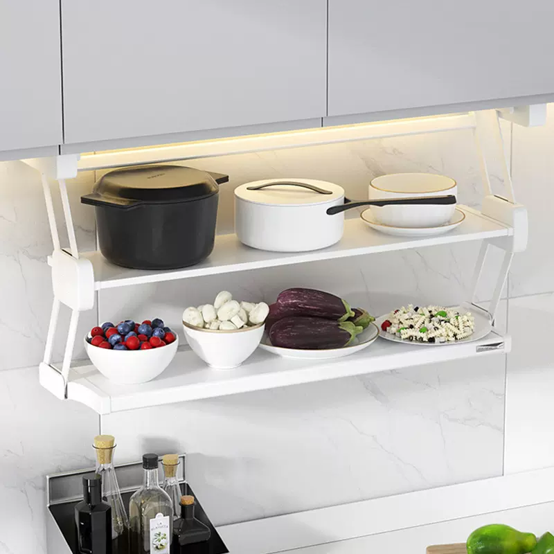 厨房置物架吊柜下拉可折叠厨房收纳架多层不锈钢放菜工厂直销跨境