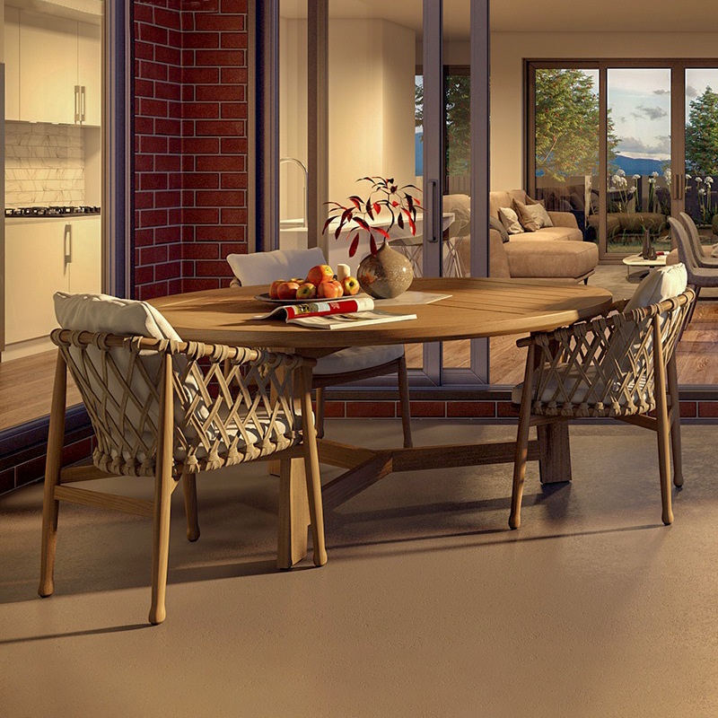 Mesas y sillas de teca para exteriores de villa, mesa larga de madera anticorrosión de diseño de alta gama para patio, jardín y hotel, con tejido de cuerda.