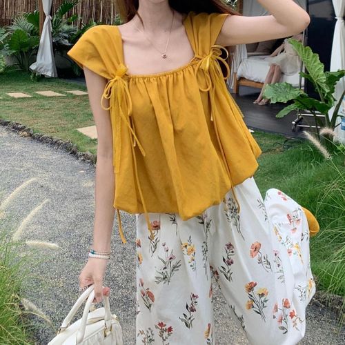 French-style collar tie front floral women's blouse 2025 summer new fashion set trendy floral print wide-leg pants