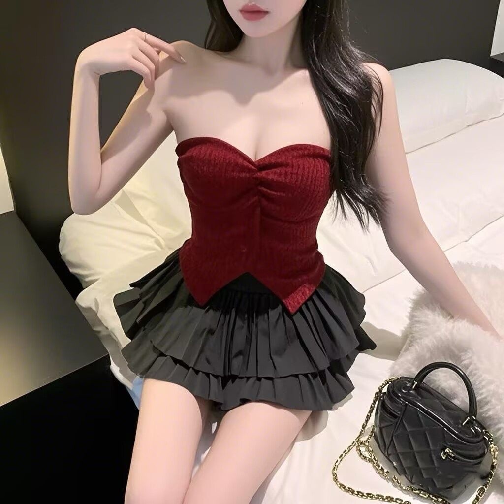 Set váy xếp ly ngắn nữ phối áo yếm có đệm ngực phong cách tiểu thư — Áo ngực đỏ (nguyên bản có đệm ngực), Trắng Spacer+Váy Set, Đen Spacer+Váy Set, Màu đỏ Spacer+váy Set chi tiết 8