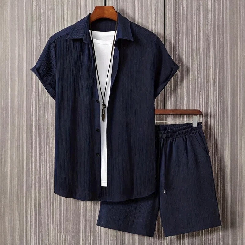 Cross-Border Amazon Men's Suit Summer Men's Casual Short-Sleeved Shirt Striped Beach Drawstring Shorts Two-Piece Set