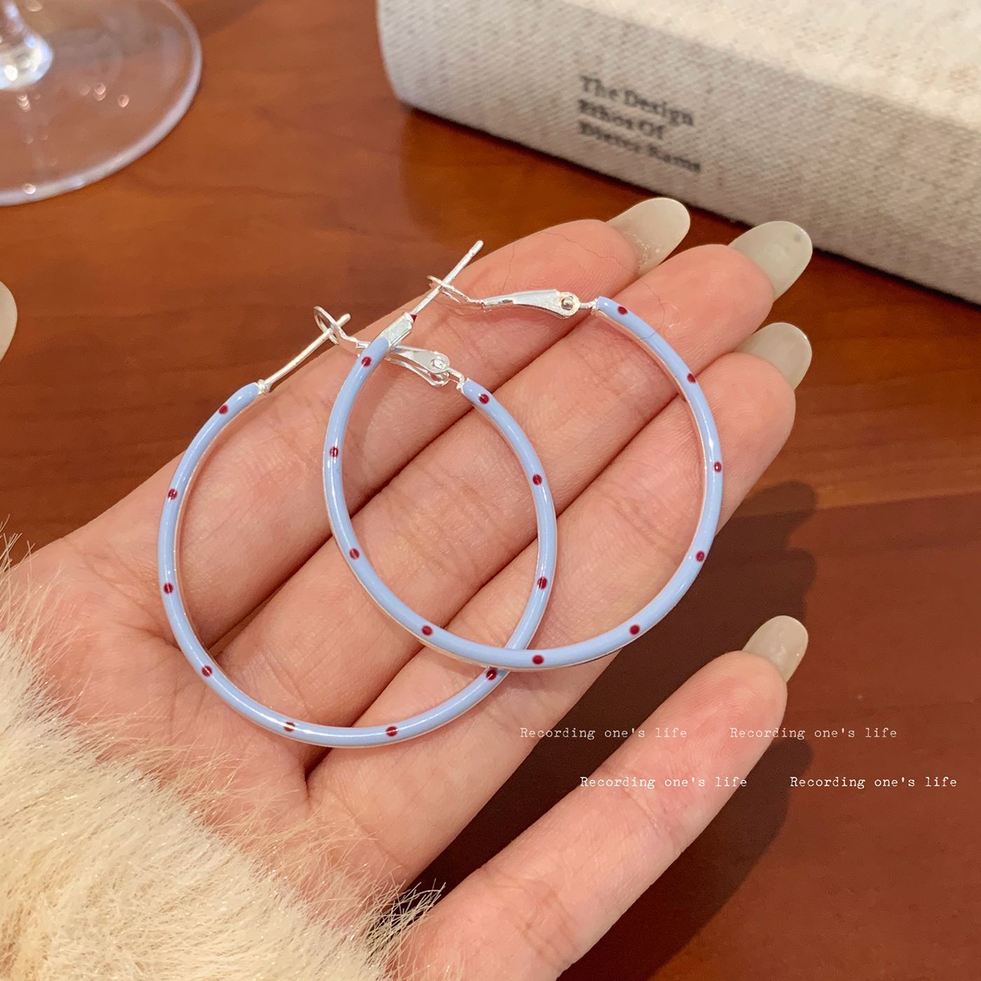 Korean-Style 4cm Cream Light Blue Polka Dot Circle Large Earrings with Silver Needles for Women, Featuring a High-End Design and Metal Ear Hoops
