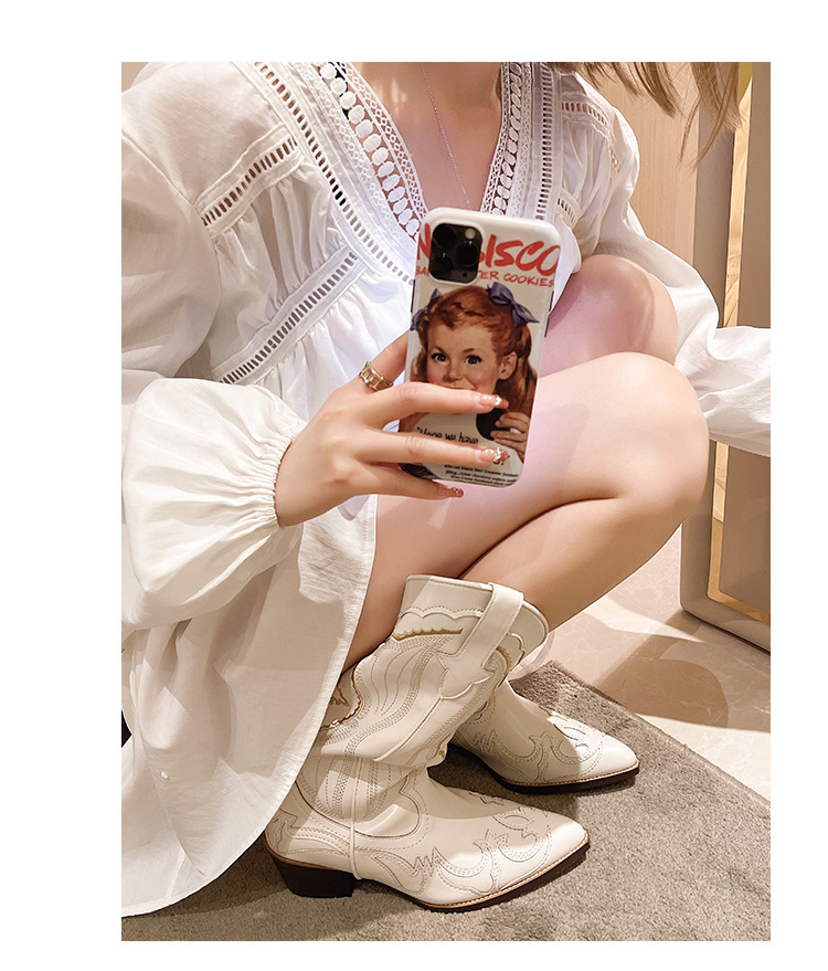 Women's Western Cowboy Boots Vintage Embroidery Pointed Toe Chunky Heel Mid-Calf Riding Boots Light Luxury Fashion Mid Tube Knight Boots_voghion.com