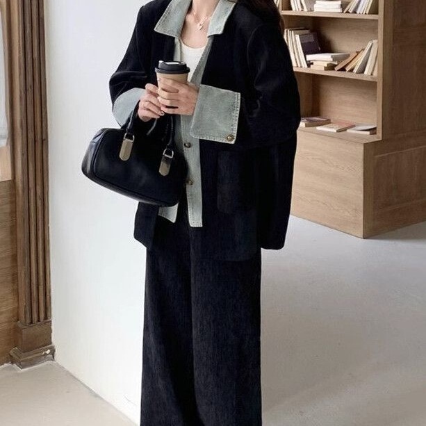 New Korean-Style Suit Jacket with Denim Patchwork Two-Piece Set for Women, Wide-Leg Pants, Spring and Autumn Season New Korean-Style Suit Jacket with Denim Patchwork Two-Piece Set for Women, Wide-Leg Pants, Spring and Autumn Season