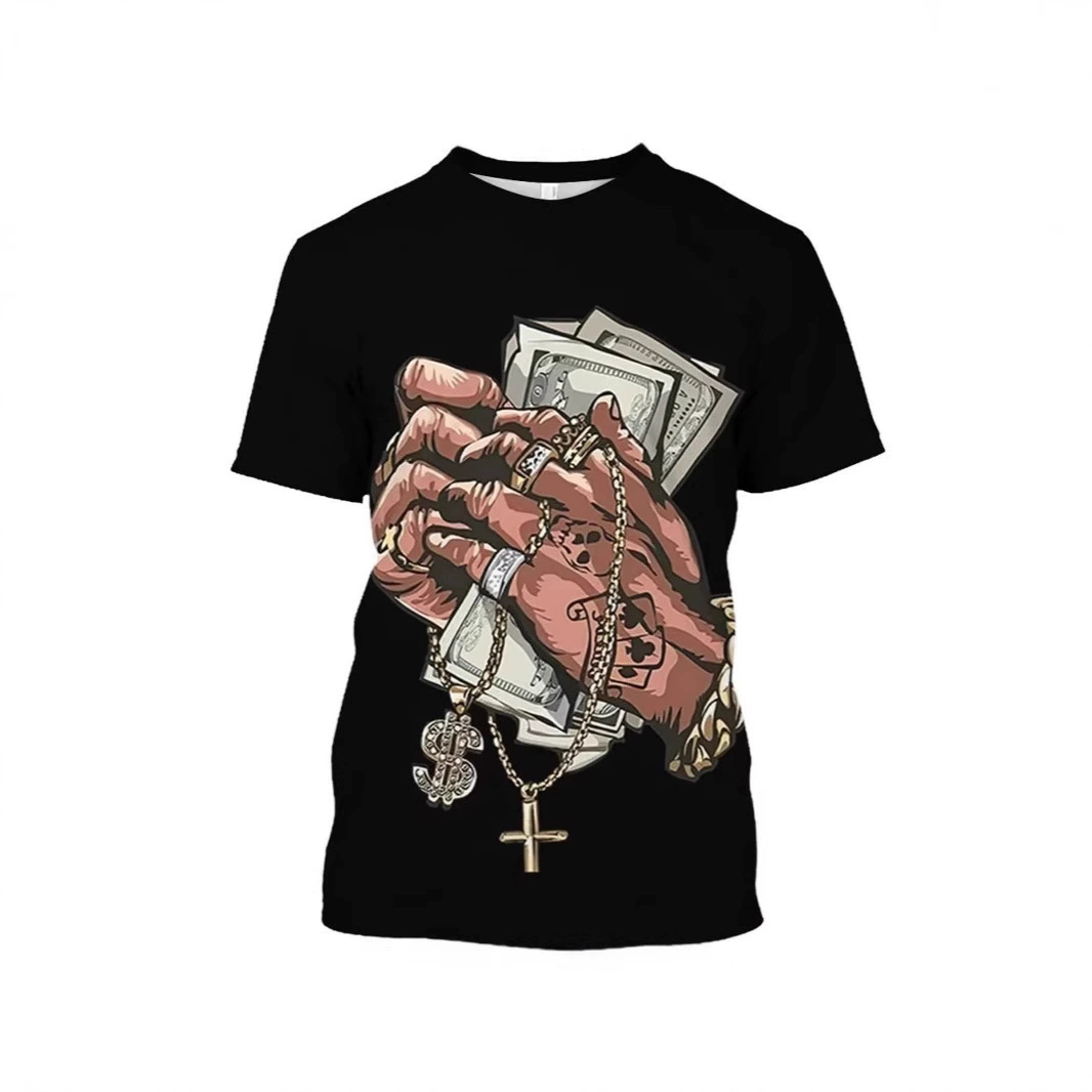 Летняя мужская футболка с 3D-принтом и рисунком руки, держащей долларовую валюту, темный уличный модный топ с короткими рукавами и круглым вырезом