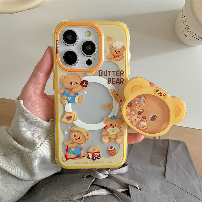 Lindo y divertido oso de mantequilla para iPhone16PRROMAX creativo 14/15Pro magnético 13p corazón de niña