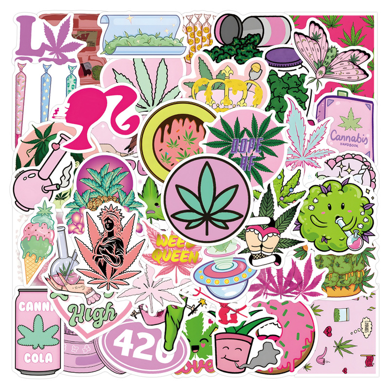 55 Cross-Border Cartoon Weed Leaf Graffiti Stickers for Decorating Planners, Stationery, Water Bottles, Computers, Waterproof Stickers