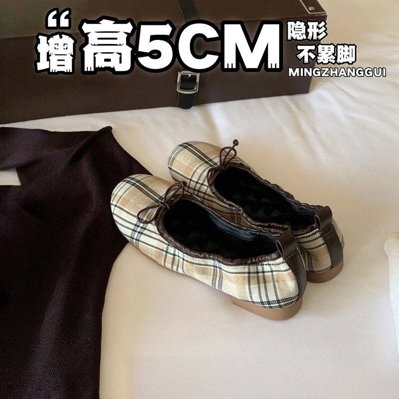 In Stock~ 5cm Hidden Heel Grape-Colored Ballet Flats~ Doll Head Bowknot Shallow Low-Heel Plaid Single Shoes for Women In Stock~ 5cm Hidden Heel Grape-Colored Ballet Flats~ Doll Head Bowknot Shallow Low-Heel Plaid Single Shoes for Women