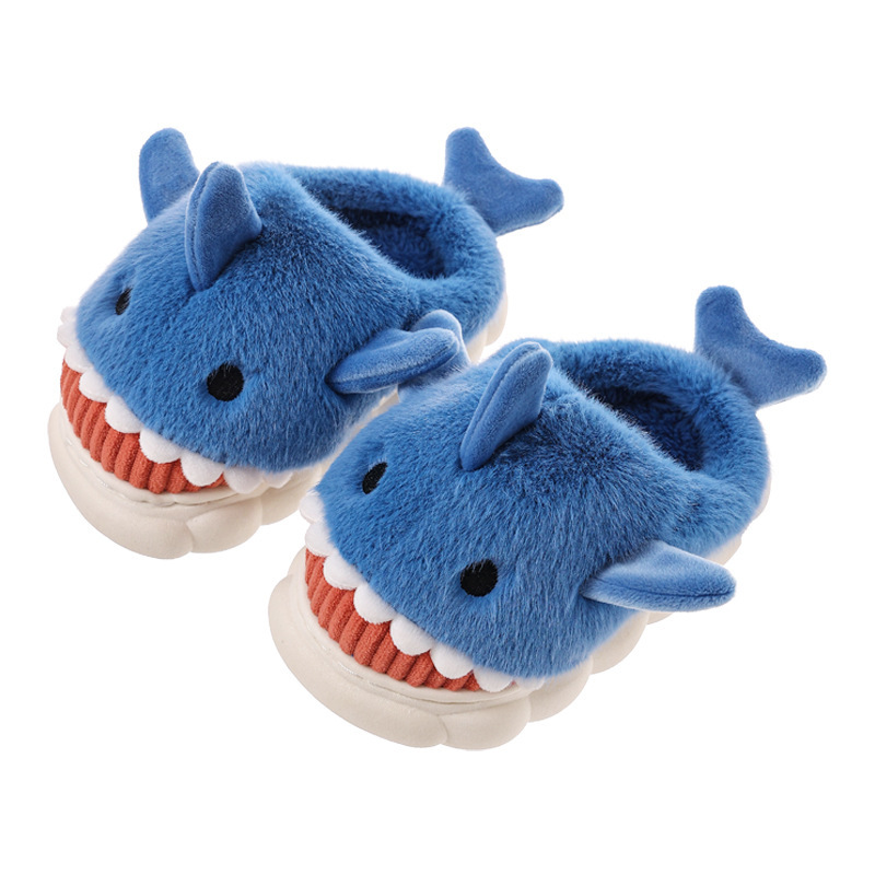 Wholesale of children's cotton slippers, cartoon cute sharks, personalized home warmth, thickened plush slippers for boys and girls in winter
