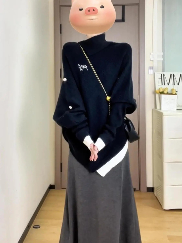 两件/套装韩系复古小个子高领不规则斗篷针织毛衣女+鱼尾半身长裙|undefined