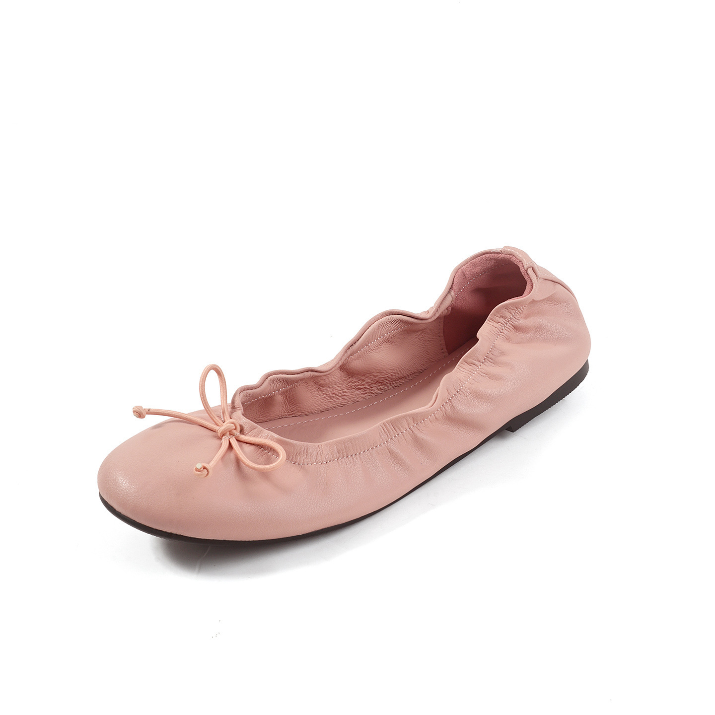 Giày ballet nữ mũi tròn buộc dây nơ, đế mềm, miệng nông — màu nâu