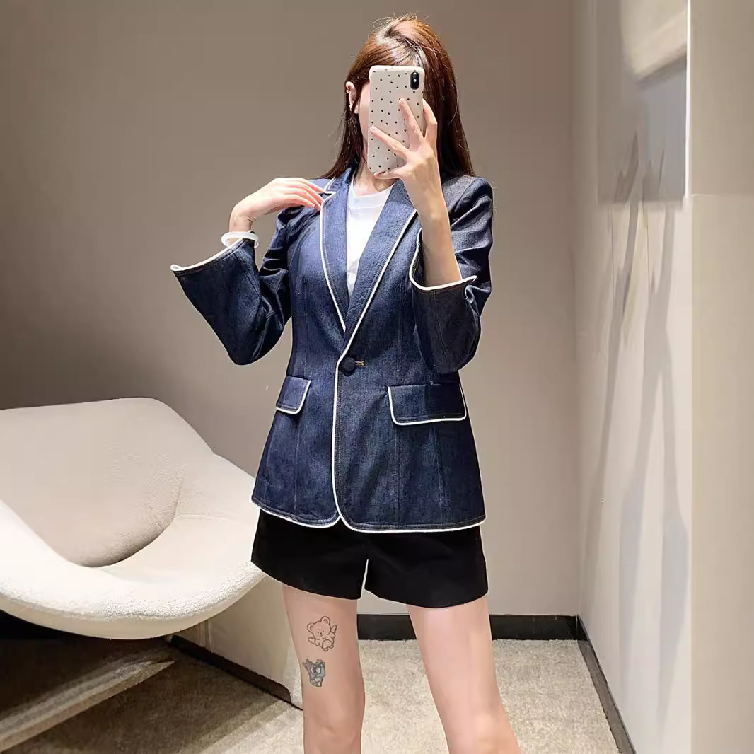 深圳南油高端原单女装明线勾勒撞色镶边气质通勤小众牛仔西装外套