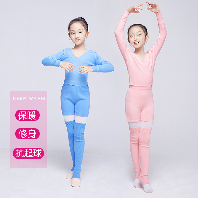 Traje de suéter de baile para niños de punto de manga larga de tres piezas chaqueta de ballet con cuello en V pantalones cortos de mujer ropa de práctica ropa exterior