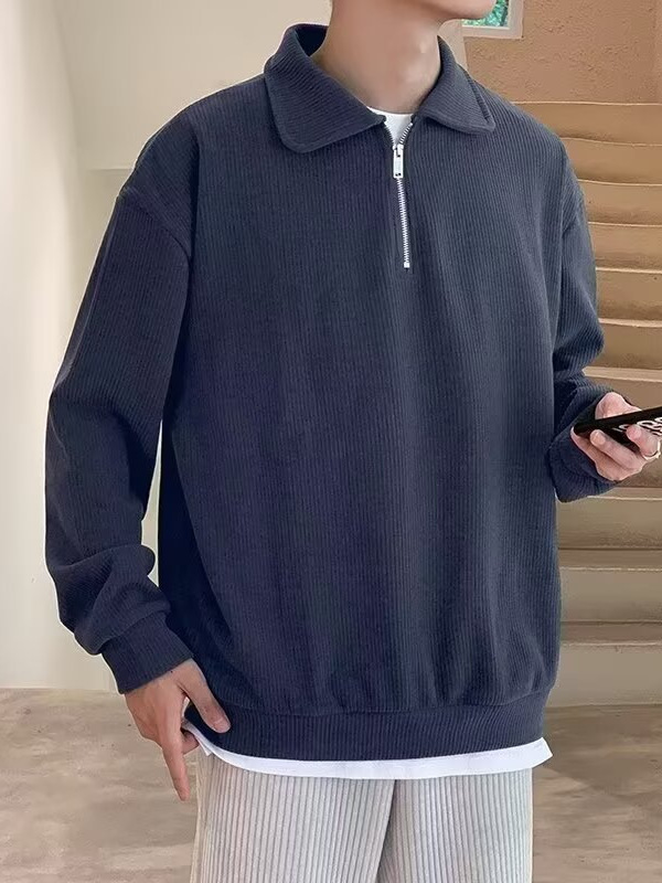 跨境新款半拉链polo衫男美式复古宽松套头休闲上衣设计感翻领卫衣|undefined