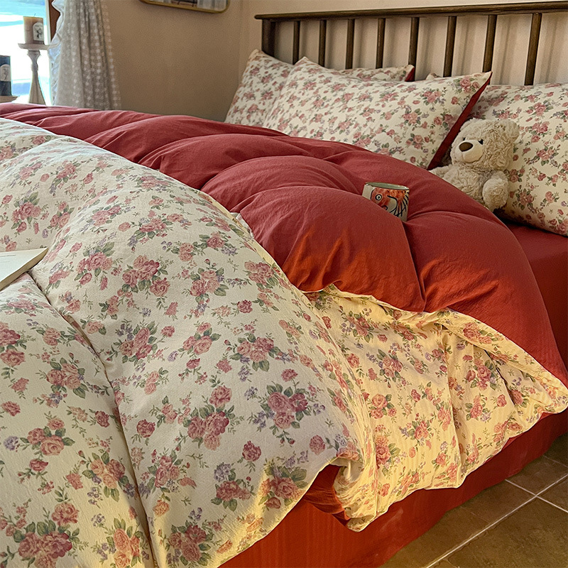 Class a Pure Cotton Double-Layer Yarn Four-Piece Bedding Set, Pure Cotton Accessible Luxury Quilt Cover, Bed Bed Sheets, Fitted Bed Sheets, Student Style Three-Piece Set 3