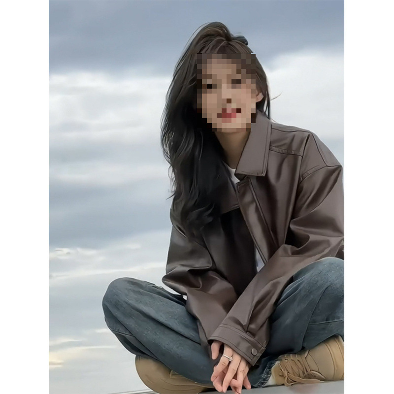 High-End Short Motorcycle Leather Jacket Brown Spring and Autum Style Beautiful Petite Jacket New 2025 Jacket for Women